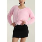 mahira collection Pembe Kadın Düğmeli Kısa Angora V Yaka Yumoş Triko Hırka