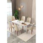 Maholandin Beyaz 80X130 Açılır Mutfak Masası , Mutfak Masa Takımı Ayaklı 6 Sandalye Beyaz X Bej