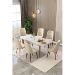 Maholandin Mermer 80X130 Açılır Yemek Masası , Yemek Masa Takımı Metal Ayaklı 6 Sandalye Beyaz Mermer X Bej