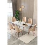 Maholandin Mermer 80X130 Açılır Yemek Masası , Yemek Masa Takımı Metal Ayaklı 6 Sandalye Beyaz Mermer X Cappucino