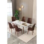 Maholandin Mermer 80X130 Açılır Yemek Masası , Yemek Masa Takımı Metal Ayaklı 6 Sandalye Beyaz Mermer X Kahve