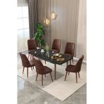 Maholandin Siyah 80X130 Açılır Yemek Masası , Yemek Masa Takımı Metal Ayaklı 6 Sandalye Siyah X Kahve