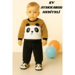 Mai Perla 3'lü Bebek Takım 0 - 18 Ay Panda Nakışlı Taba Renkli Günlük Stil Welsoft Peluş - 12 - 18 Ay