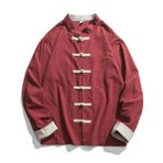 MAIFURUN Ceket erkekler geleneksel çin giyim keten Hanfu üst uzun kollu Tang takım elbise Kung Fu gömlek hırka ceket M-5XL, kırmızı, XXXL 76-82KG