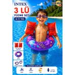 MAİN SHOP Intex 3'lü Çocuk Deniz Havuz Yüzme Seti - Şeffaf Baskılı Simit 61 Cm, Kırmızı Kolluk ve Yüzücü Gözlüğü 6-12 Yaş M- M-59242-3SET - Mor