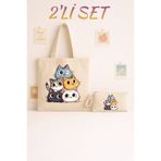 Maki Craft Kampanyalı 5’li Sevimli Kedi Baskılı Bez Çanta & Fermuarlı Bez Kalemlik İkili Set