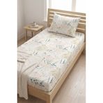 Maki Home %100 Pamuklu Çiçekli 120X200 Tek Kişilik Lastikli Çarşaf Bohem Tarz Doğal Bitki Desenli - Kırık Beyaz - 120 x 200