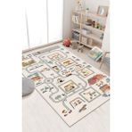 Makinede Yıkanabilir Kaymaz Taban Leke Tutmaz Yol Desenli Çocuk Odası Halısı Oyun Halısı - Bej - 180 x 350 cm