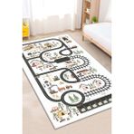 Makinede Yıkanabilir Kaymaz Taban Leke Tutmaz Yol Desenli Çocuk Odası Halısı Oyun Halısı - Beyaz - 60 x 200 cm