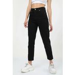 MAKRAS EXCLUSIVE Jaxen Kadın Yüksek Bel Solmayan Siyah Likralı Mom Jeans Boyfrend Pantolon