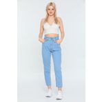 MAKRAS EXCLUSIVE Julia Kadın Buz Mavi Beli Lastikli Boyfriend Kot Pantolon Beli Büzgülü Mom Jean