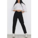 MAKRAS EXCLUSIVE Kadın Yüksek Bel Solmayan Siyah Comfort Likralı Boyfrend Mom Jeans Pantolon