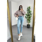 MAKRAS EXCLUSIVE Mona Mavi Kar yıkama Mom Jean Kadın Boyfriend Yüksek Bel Likralı Kot Pantolon
