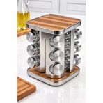 MAKRİ HOME 12’li Ahşap Krom Kare Döner Baharatlık, 360° Paslanmaz Stantlı, 118 ml Cam Kavanoz, 19 x 23 cm