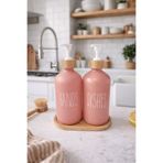MAKRİ HOME Bambu Altlıklı Bambu Kapaklı İkili Cam Sıvı Sabunluk & Deterjanlık Seti – 2×500 ML- 16,5 x 9 x 21 cm