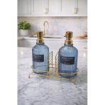 MAKRİ HOME Mavi 2'li Cam Sabunluk/Deterjanlık, 500 ml, Altın Renk Metal Stantlı, 21,5x9x23 cm