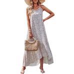 Maksi elbiseler kadınlar için spagetti kayışı uzun yaz salıncak elbise düz renk/çiçek baskı Sundress Boho rahat gevşek plaj elbise, beyaz çiçek, M