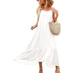 Maksi elbiseler kadınlar için spagetti kayışı uzun yaz salıncak elbise düz renk/çiçek baskı Sundress Boho rahat gevşek plaj elbise, beyaz, M