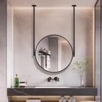 Makyaj Vanity ve Duş için Tavana Monte Çift Bomlu Büyük Yuvarlak Ayna Siyah Metal Çerçeveli Dekoratif Asılı Ayna Çapı 60 CM