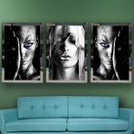 Makyajlı Kadın Temalı Aynalı Çerçeveli 3 lü Kanvas Tablo Seti 150x70 cm SETS0033