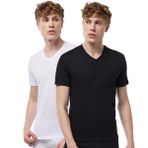 Malabadi Erkek 2 li V Yaka Modal İnce Yaz Serinliği Tişört 2M085 (Siyah-Beyaz, 2XL)