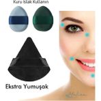 Malinka Kuru Islak Süngeri Seti - 2 Adet Mini ve 1 Adet Üçgen Kozmetik Puf Parmak Yüz Makyaj Göz Altı Kapatıcı - Mavi - Yeşil