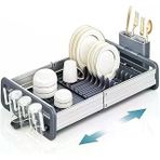 Mallart® Ayarlanabilir Alüminyum Bulaşıklık - Paslanmaz Tezgah Üstü Kurutmalık, Uzatılabilir Fonksiyonel Mutfak Düzenleyici, Tahliye Kanallı Tabaklık Bardaklık (Gümüş/Gri)