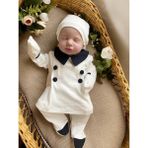 Mama Miel Baby Lacivert Düğme Detaylı Patikli Alt Eldivenli Üst Şapka Hastane Çıkışı - 0 - 3 Ay - Ekru