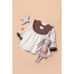 Mama&Miel Mama And Miel Kalp Nakışlı Kol Uçları Fırfırlı Sırt Fiyonklu Kız Çocuk Keten Elbise - 4 - 5 Yaş - Kahverengi - Ekru
