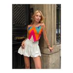 MAMAYAGA Kadın Askılı Arkadan Bağlamalı Asimetrik Kesim Yazlık Desenli Crop Top Spor Şık Bluz