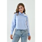 Mamayaga Kadın Düğmeli Çizgili Crop Boy Bluz Gömlek Pamuklu Basic Stil - Mavi - XS