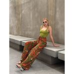 Mamayaga Kadın Yüksek Bel Kuşaklı Desenli %100 Viscose Pamuk Geniş Paça Şık Casual Büyük Beden Curve Pantolon - Haki - XS