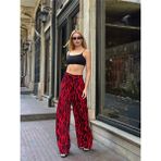 Mamayaga Kadın Yüksek Bel Kuşaklı Desenli %100 Viscose Pamuk Geniş Paça Şık Casual Büyük Beden Curve Pantolon - Kırmızı - XS