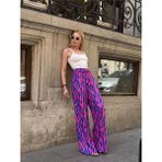 Mamayaga Kadın Yüksek Bel Kuşaklı Desenli %100 Viscose Pamuk Geniş Paça Şık Casual Büyük Beden Curve Pantolon - Pembe - XL