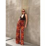 Mamayaga Kadın Yüksek Bel Kuşaklı Desenli %100 Viscose Pamuk Geniş Paça Şık Casual Büyük Beden Curve Pantolon - Turuncu - 2XS