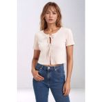 Mamayaga Kadın Yuvarlak Yaka Önden Bağcıklı Yarım Kol Fitilli Crop Boy Spor Şık Yazlık Ceket - XL - Pudra