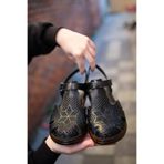 Mammamia ERN-2360 EREN SHOES&BAG Hakiki Deri Lazer Desenli Cırt Bant Detaylı Kadın Sandalet Gerçek Deri Siyah