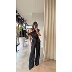 manana fashion Gold Tokalı Asimetrik Kesim Özel Tasarım Saten Bluz Pantolon Takım