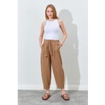 Manche Beli Lastikli Havuç Kesim Keten Pantolon - Kahve | Mks661931-01