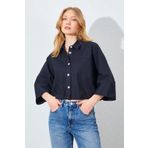 Manche Düşük Kol Çimalı Crop Poplin Gömlek - Siyah | MKS161451-01