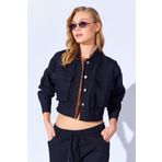 Manche Gabardin Yıkamalı Kalın Dış Gömlek Eteği Yıpratmalı Kadın Ceket | Siyah MKW169497-01