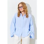 Manche Kolları Salaş Yıkamalı Müslin Oversize Rahat Kalıp Kadın Basic Gömlek - Bebe Mavi | MKS166881-01