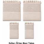 Mandaş Pamuklu Kaymaz Hasır Dokuma Kolları Örten Maxi Takım Koltuk Örtüsü (3+3+1+1) - Kreme Kahve - 180 x 310 cm - Krem - Kahverengi