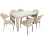 Mandella Rattan Masa Takımı 90x150 Camlı Masa 6 Kişilik Bambu Sandalye Seti Bahçe Balkon Teras Takımı - Bej - Krem