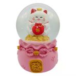Maneki Neko Şans Kedisi Işıklı Kar Küresi Pembe 9Cm Vitrin