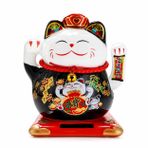 Maneki Neko Şanslı Kedi Figürü, Seramik, Siyah, 12.7 cm, Güneş Enerjili Sallanan Pati, Çin Tarzı, Araba ve Ev Dekorasyonu