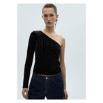 MANGO Woman Strass Taşlı Asimetrik Kadife Bluz