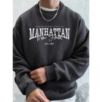 Manhattan New York Kelimeler Baskılı Erkek Kapüşonlu Üstleri Sonbahar Bol Sweatshirt Hip Hop - Antrasit