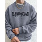 Manhattan New York Kelimeler Baskılı Erkek Kapüşonlu Üstleri Sonbahar Bol Sweatshirt Hip Hop - Gri
