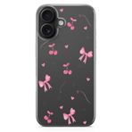 Manitoba iPhone 16 Plus ile Uyumlu Baskılı Yumuşak Silikon Şeffaf Telefon Kılıfı, Kiraz ve Kalp Deseni